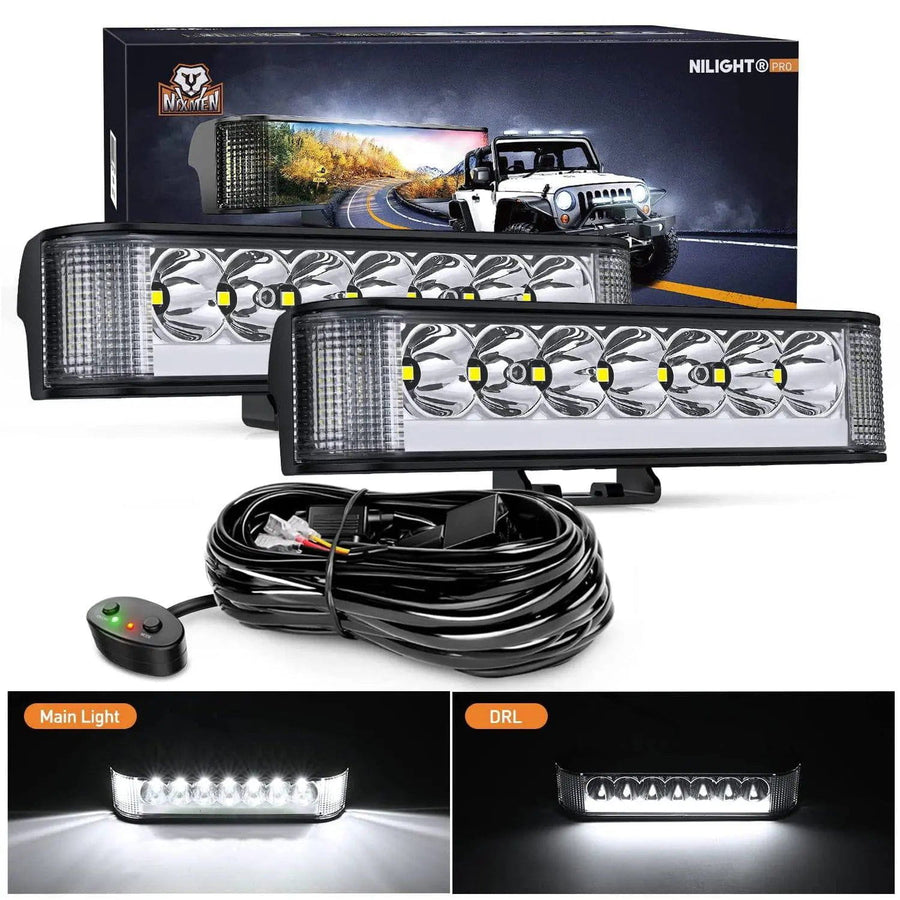 Nilight 6.5 Inch 20W 2089LM Side Shooter DRL Spot Flood LED Light Bars (Pair) | 16AWG DT Wire