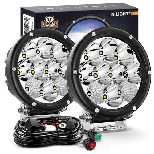 Nilight 5.7 Inch 50W 6500LM Round Spot Flood LED Work Lights (Pair) | 16AWG DT Wire