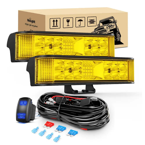 Nilight 6.5 Inch 60W Amber Side Shooter Quadruple Row Spot Flood LED Light Bars (Pair) | 16AWG 5Pin Rocker Switch Wiring Harness Kit