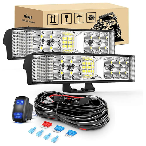 Nilight 6.5 Inch 60W Side Shooter Quadruple Row Spot Flood LED Light Bars (Pair) | 16AWG 5Pin Rocker Switch Wiring Harness Kit