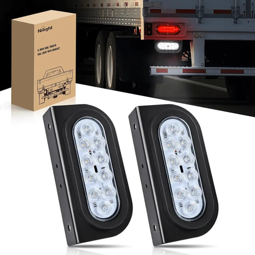 Nilight 6 Inch Oval White Tail Lights flush Mount Grommets Plugs w/Mounting Brackets (Pair)