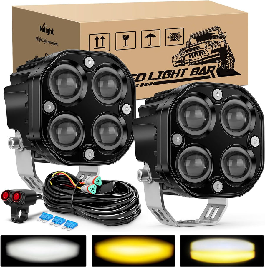 Nilight 7/8 Inch Handlebar LED Light Pods 3 Inch White Amber Dual Color | 2 PCS 40 W Spot Beam Driving Fog Auxiliary Offroad Lamp with 16AWG Wiring Harness Kit for 12V Motorcycle Motorbike Dirt Bike