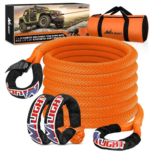 Nilight 7/8Inch x 20FT Kinetic Recovery Rope & 2PCS 1/2in x 24in Soft Shackle