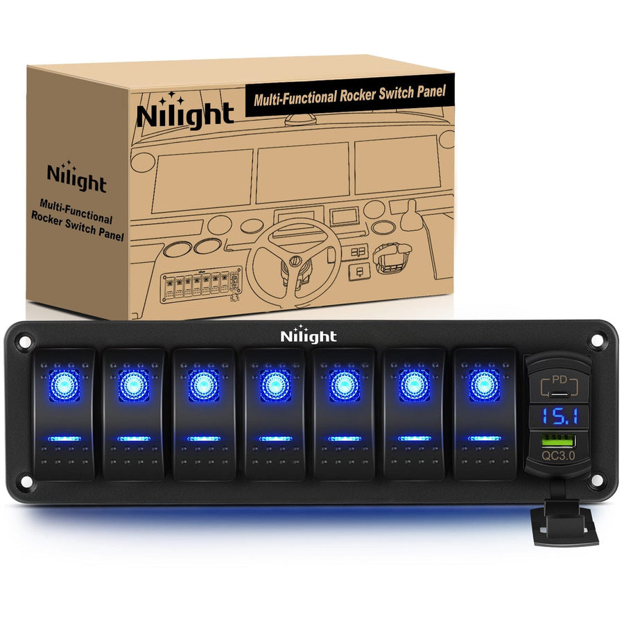 Nilight 7 Gang Switch Panel With QC3.0 & PD Charger And Voltmerter with Blue Backlit
