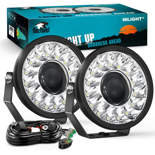 Nilight 7Inch 100W Round Offroad Light Hyper Spot Beam Work Light (Pair) | 14 AWG DT Connector Wiring Harness Kit