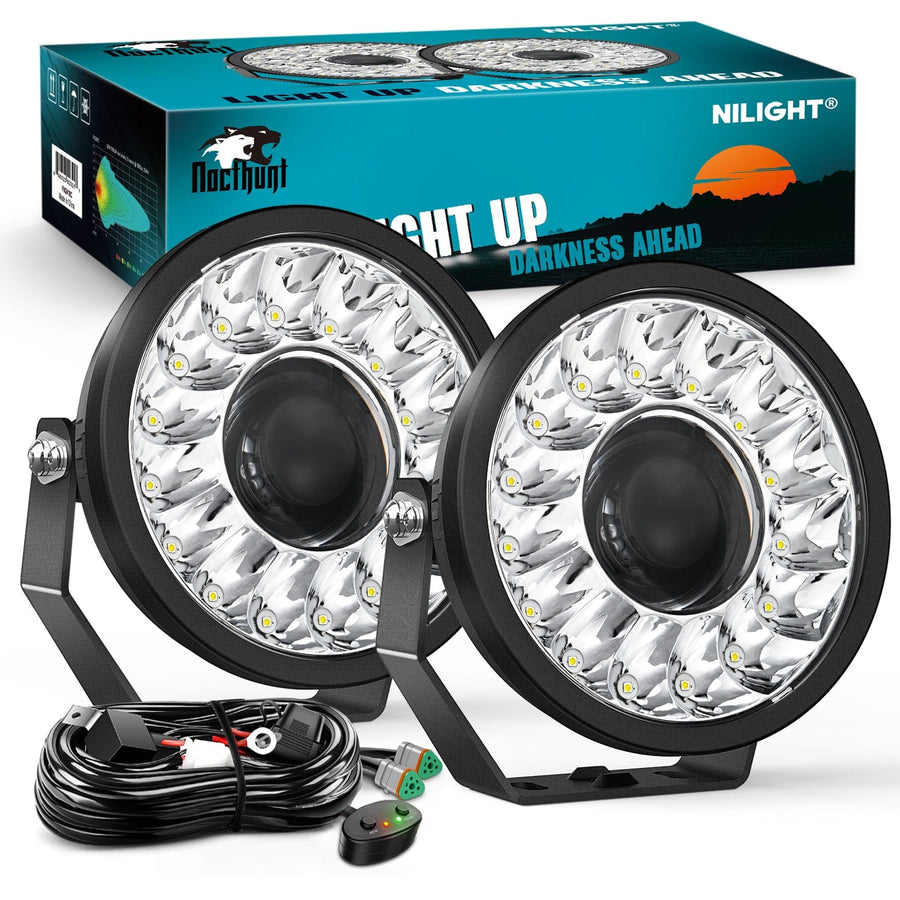 Nilight 7Inch 100W Round Offroad Light Hyper Spot Beam Work Light (Pair) | 14 AWG DT Connector Wiring Harness Kit