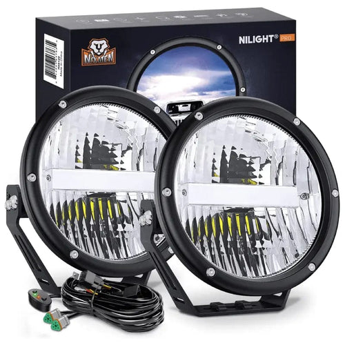 Nilight 7 Inch 120W 5800LM Round High Low Beam Built-in EMC LED Work Lights (Pair) | 14AWG DT Wire