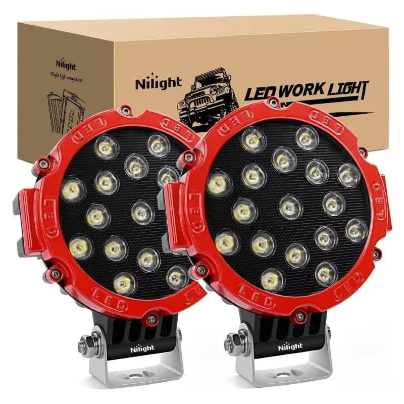 Nilight 7 Inch 51W Round Red Case Spot LED Work Light (Pair)
