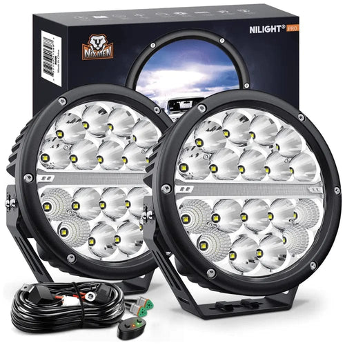 Nilight 7 Inch 90W 9850LM Round Spot Flood Built-in EMC DRL LED Work Lights (Pair) | 12AWG DT Wire