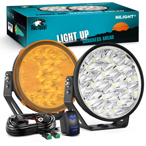 Nilight 7Inch 90W Round Offroad Light with Yellow Black Covers Hyper Spot Beam Work Light (Pair) | 14 AWG DT Connector Wiring Harness Kit