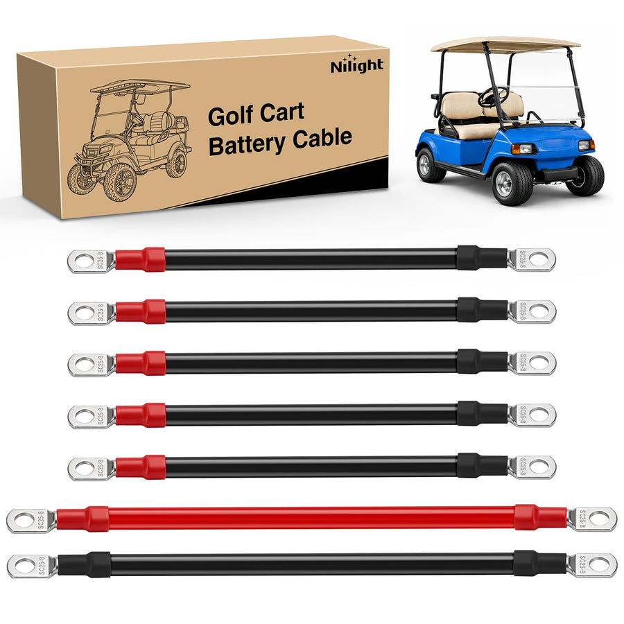 Nilight 7PCS 4 AWG Golf Cart Battery Cable Kit Pure Copper for Club Car DS | Heavy Duty Pure Copper AC/DC Wire Kits with Tinned Copper Lugs for 36V/48V Club Car DS 1994-up