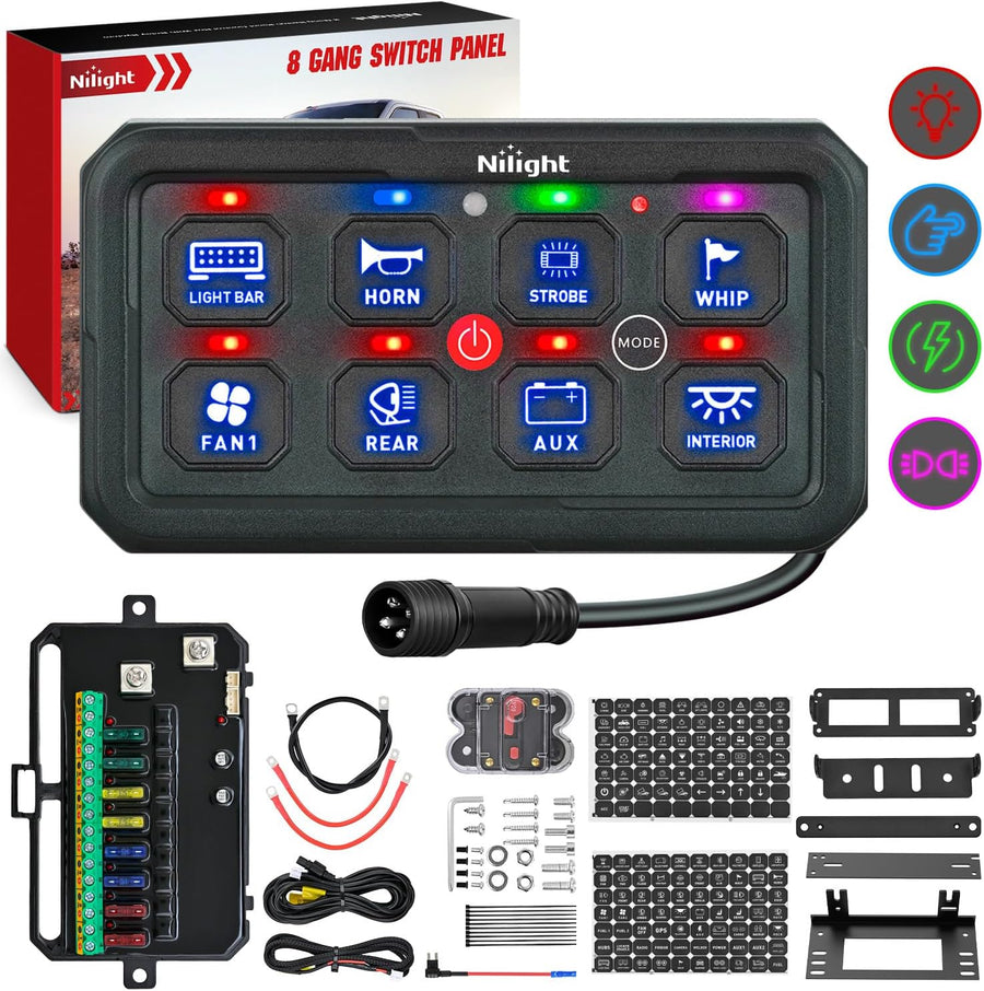 Nilight 8 Gang Switch Panel Blue Circuit Control Relay System with Fuse Wiring Harness Toggle Momentary Strobe Flash Modes Automatic Dimmable ON Off Pod 12V 24V for Car Truck Camper SUV