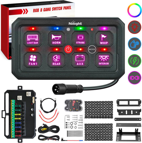 Nilight 8 Gang Switch Panel Circuit Control Relay System APP RGB Backlight Fuse Wiring Harness Toggle Momentary Strobe Flash Modes Automatic Dimmable 12V 24V for Car Truck Camper SUV