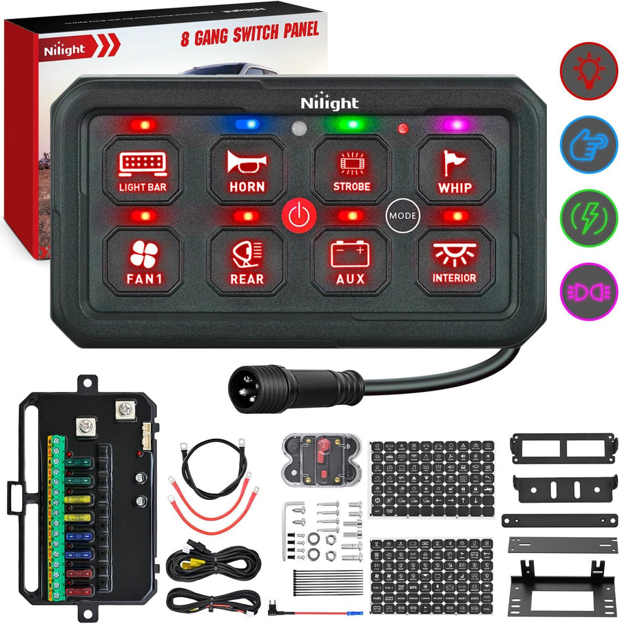 Nilight 8 Gang Switch Panel Red Circuit Control Relay System with Fuse Wiring Harness Toggle Momentary Strobe Flash Modes Automatic Dimmable ON Off Pod 12V 24V for Car Truck Camper SUV