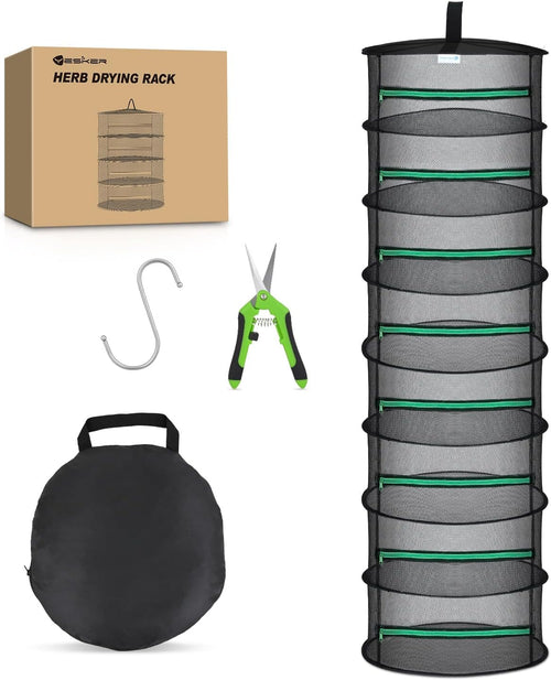 Nilight 8 Layer Herb Drying Rack Hanging Mesh Net Foldable Plant Drying Racks 24 Inch w Green Zipper Pruning Shears Hook Dryer Hanging Rack for Herbs Seed Bud Fruit Clothes Grow Tent Closets Garden Outdoor