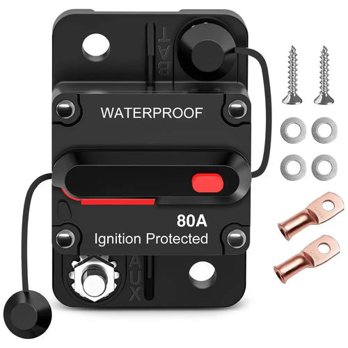Nilight 80A Circuit Breaker Resettable 12-48V DC Manual Reset w/Copper Wire Lugs Surface Mount Overload Protection