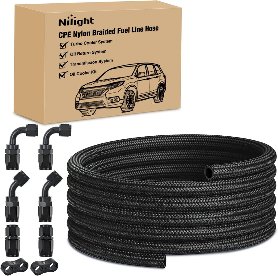 Nilight 8AN 10FT CPE Fuel Hose Kit with 8PCS AN8 Fittings&Hose Separators | CPE Nylon Stainless Steel Braided Oil Gas Diesel Fuel Hose End Fitting Kit for Transmission Oil Cooler Vacuum Lines