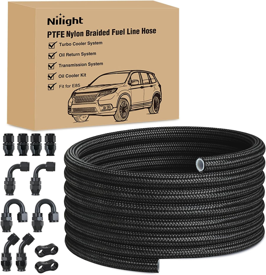 Nilight 8AN 20FT PTFE Fuel Hose Kit with 12PCS AN8 Fittings&Hose Separator | Fit E85 Nylon Stainless Steel Braided Fuel Hose Universal for Automotive Racing Engines