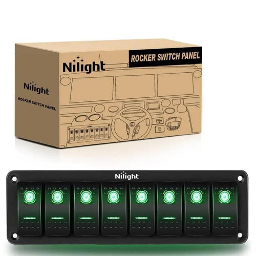 Nilight 8Gang Aluminum 5Pin ON/Off Green Rocker Switch Panel
