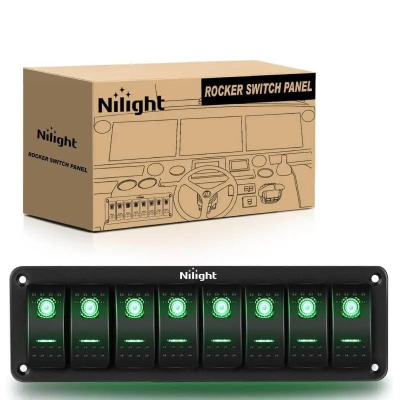 Nilight 8Gang Aluminum 5Pin ON/Off Green Rocker Switch Panel
