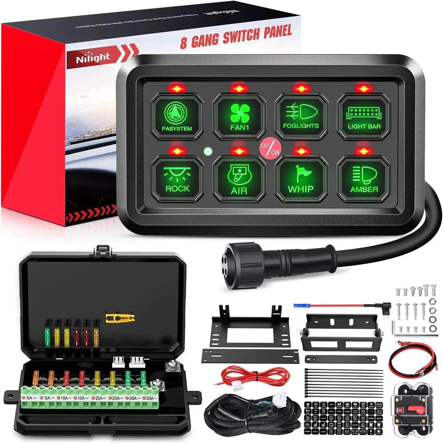 Nilight 8Gang Multifunction Green Rocker Switch Panel System