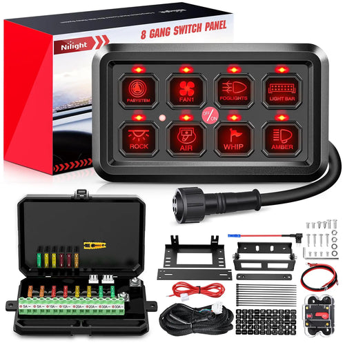 Nilight 8Gang Multifunction Red Rocker Switch Panel System