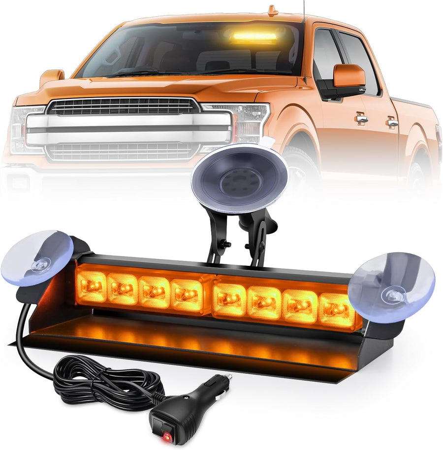 Nilight 8LED Amber Traffic Advisor Strobe Light Bar Hazard Safety | with Vacuum Suction Emergency Dash Warning Flashing Lights Front/Rear Windshield Visor for Truck Police Construction Vehicles