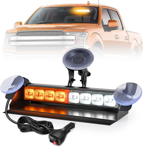 Nilight 8LED Amber White Traffic Advisor Strobe Light Bar Hazard Safety | with Vacuum Suction Emergency Dash Warning Flashing Lights Front/Rear Windshield Visor for Truck Police Construction Vehicles