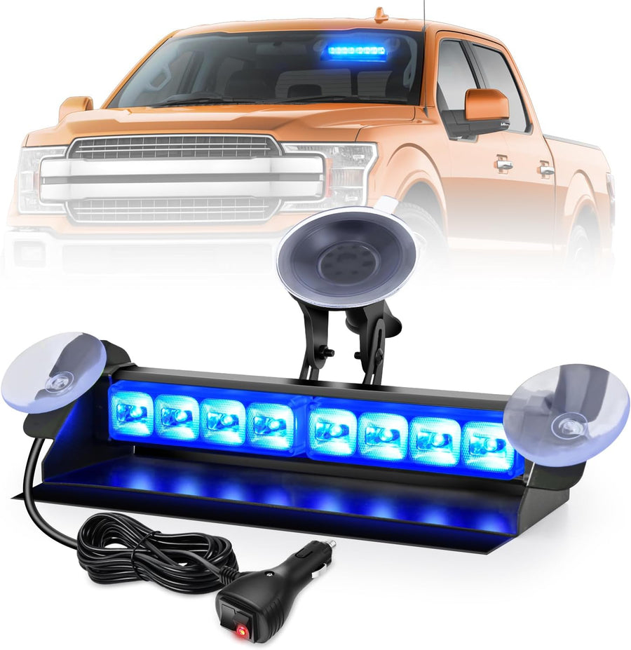 Nilight 8LED Blue Traffic Advisor Strobe Light Bar Hazard Safety | with Vacuum Suction Emergency Dash Warning Flashing Lights Front/Rear Windshield Visor for Truck Police Construction Vehicles