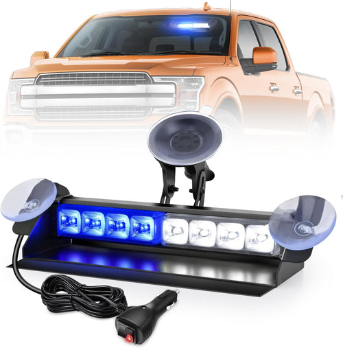 Nilight 8LED Blue White Traffic Advisor Strobe Light Bar Hazard Safety | with Vacuum Suction Emergency Dash Warning Flashing Lights Front/Rear Windshield Visor for Truck Police Construction Vehicles