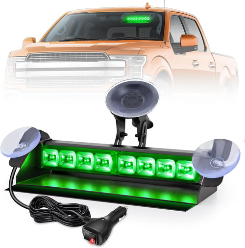 Nilight 8LED Green Traffic Advisor Strobe Light Bar Hazard Safety | with Vacuum Suction Emergency Dash Warning Flashing Lights Front/Rear Windshield Visor for Truck Police Construction Vehicles