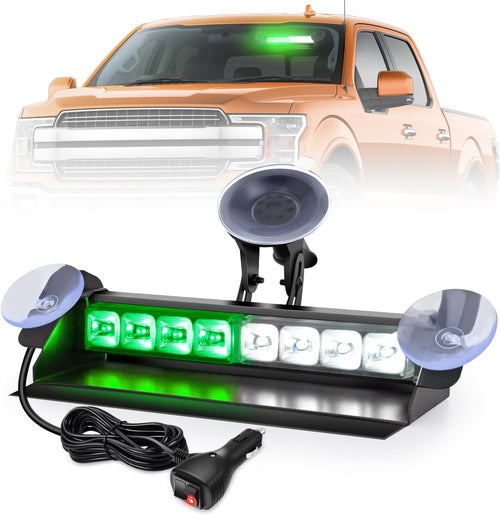Nilight 8LED Green White Traffic Advisor Strobe Light Bar Hazard Safety | with Vacuum Suction Emergency Dash Warning Flashing Lights Front/Rear Windshield Visor for Truck Police Construction Vehicles