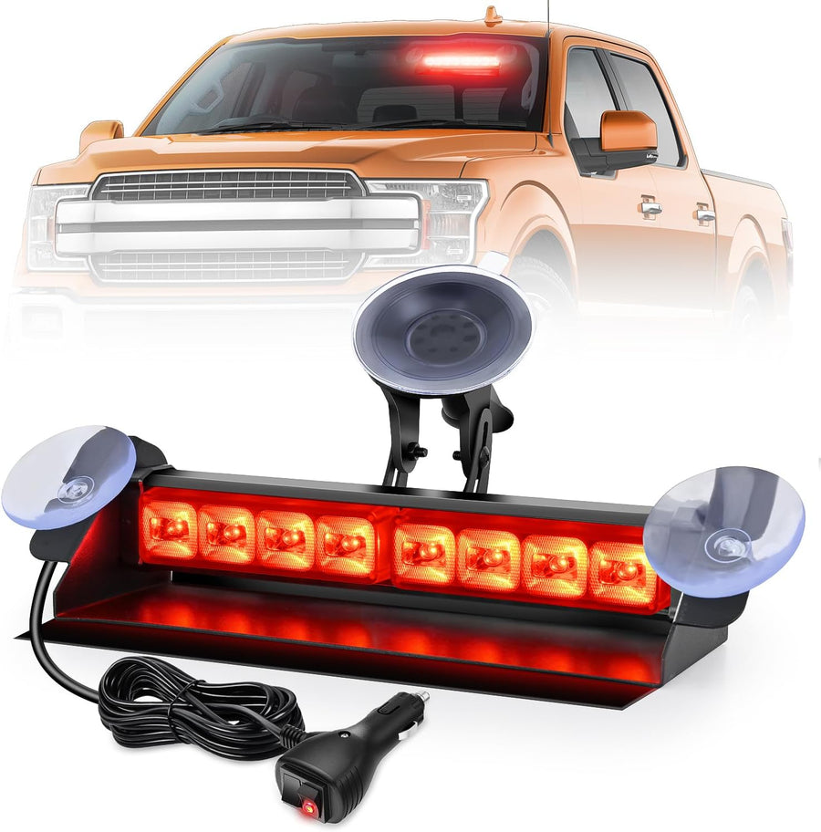 Nilight 8LED Red Traffic Advisor Strobe Light Bar Hazard Safety | with Vacuum Suction Emergency Dash Warning Flashing Lights Front/Rear Windshield Visor for Truck Police Construction Vehicles