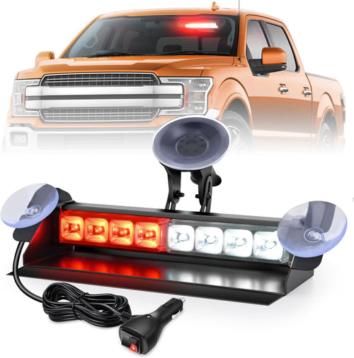 Nilight 8LED Red White Traffic Advisor Strobe Light Bar Hazard Safety | with Vacuum Suction Emergency Dash Warning Flashing Lights Front/Rear Windshield Visor for Truck Police Construction Vehicles