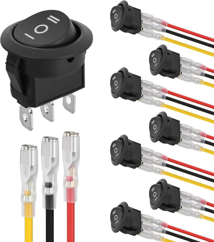Nilight 8PCS 3 Way Round Rocker Switch with Wiring Harness SPDT 3 Pin ON Off ON Toggle 6A/250V 10A/125VAC 12V for Car Automotive RV Truck Boat Off-Road Vehicle