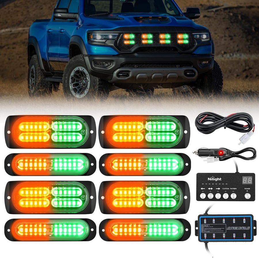 Nilight 8PCS Led Strobe Lights with Controller 12V 24V Sync Feature Amber Green Light 12 24 LED Surface Mount Emergency Hazard Warning for Vehicle Car Truck RV ATV