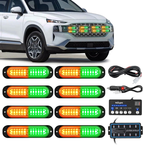 Nilight 8PCS Led Strobe Lights with Controller 12V 24V Sync Feature Amber Green Strobe Light 12 LED Surface Mount Emergency Hazard Warning Lights with Strobe Controller for Vehicle Car Truck RV ATV