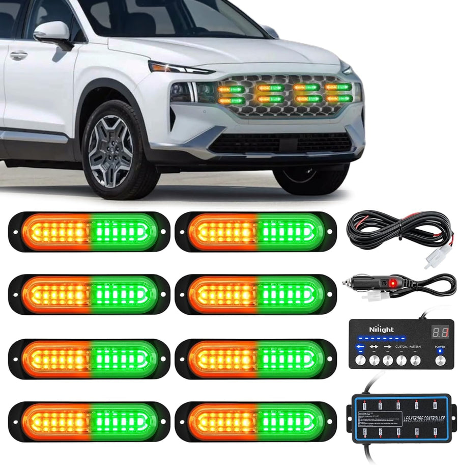 Nilight 8PCS Led Strobe Lights with Controller 12V 24V Sync Feature Amber Green Strobe Light 12 LED Surface Mount Emergency Hazard Warning Lights with Strobe Controller for Vehicle Car Truck RV ATV