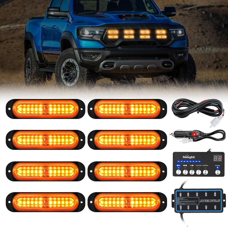 Nilight 8PCS Led Strobe Lights with Controller 12V 24V Sync Feature Amber Strobe Light 12 LED Surface Mount Emergency Hazard Warning Lights with Strobe Controller for Vehicle Car Truck RV ATV