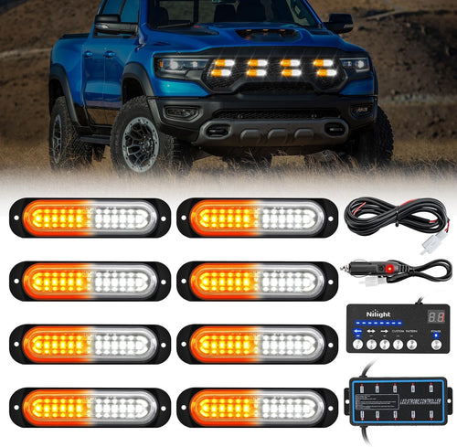 Nilight 8PCS Led Strobe Lights with Controller 12V 24V Sync Feature Amber White Strobe Light 12 LED Surface Mount Emergency Hazard Warning Lights with Strobe Controller for Vehicle Car Truck RV ATV