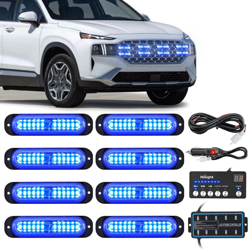 Nilight 8PCS Led Strobe Lights with Controller 12V 24V Sync Feature Blue Strobe Light 12 LED Surface Mount Emergency Hazard Warning Lights with Strobe Controller for Vehicle Car Truck RV ATV