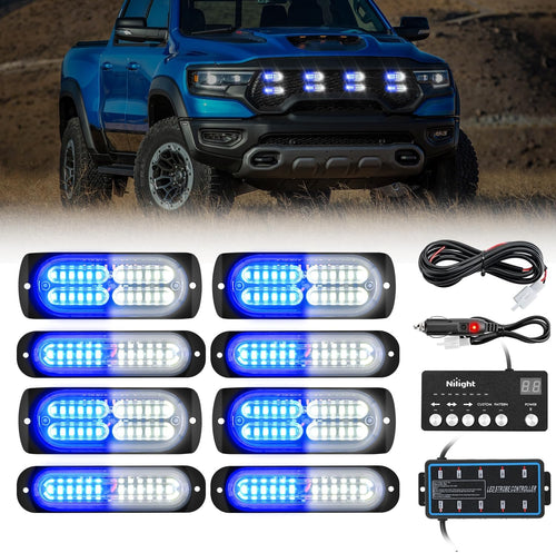 Nilight 8PCS Led Strobe Lights with Controller 12V 24V Sync Feature Blue White Emergency Hazard Warning Light 12 24 LED Surface Mount for Vehicle Car Truck RV ATV