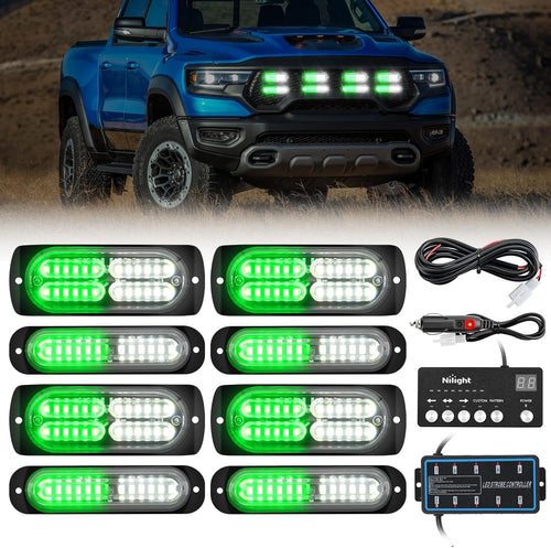 Nilight 8PCS Led Strobe Lights with Controller 12V 24V Sync Feature Green White Emergency Hazard Warning Light 12 24 LED Surface Mount for Vehicle Car Truck RV ATV