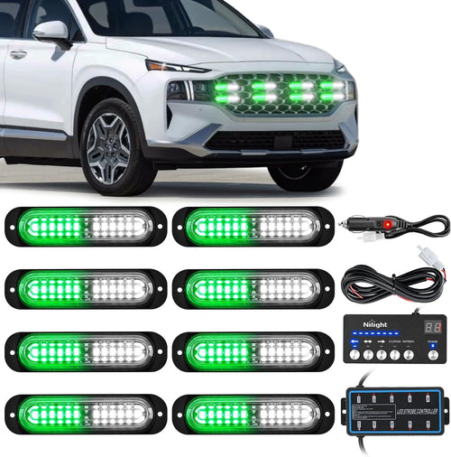 Nilight 8PCS Led Strobe Lights with Controller 12V 24V Sync Feature Green White Strobe Light 12 LED Surface Mount Emergency Hazard Warning Lights with Strobe Controller for Vehicle Car Truck RV ATV