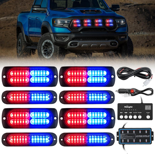 Nilight 8PCS Led Strobe Lights with Controller 12V 24V Sync Feature Red Blue Light 12 24 LED Surface Mount Emergency Hazard Warning for Vehicle Car Truck RV ATV
