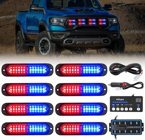 Nilight 8PCS Led Strobe Lights with Controller 12V 24V Sync Feature Red Blue Strobe Light 12 LED Surface Mount Emergency Hazard Warning Lights with Strobe Controller for Vehicle Car Truck RV ATV