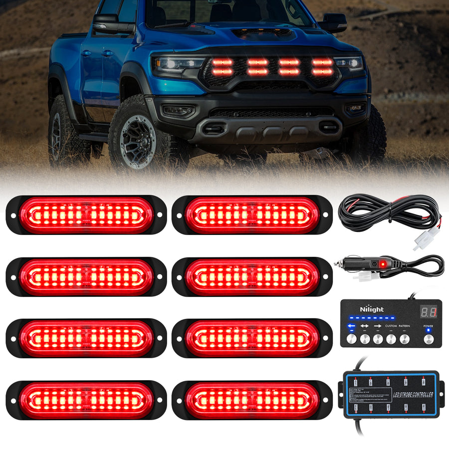 Nilight 8PCS Led Strobe Lights with Controller 12V 24V Sync Feature Red Strobe Light 12 LED Surface Mount Emergency Hazard Warning Lights with Strobe Controller for Vehicle Car Truck RV ATV