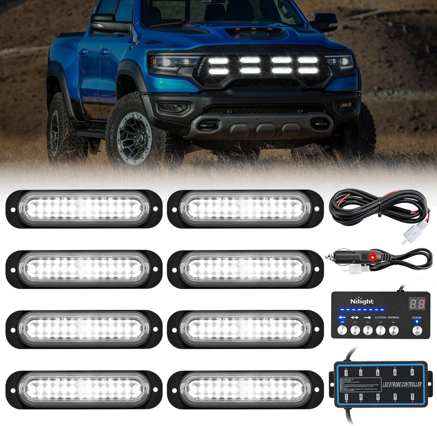 Nilight 8PCS Led Strobe Lights with Controller 12V 24V Sync Feature White Strobe Light 12 LED Surface Mount Emergency Hazard Warning Lights with Strobe Controller for Vehicle Car Truck RV ATV
