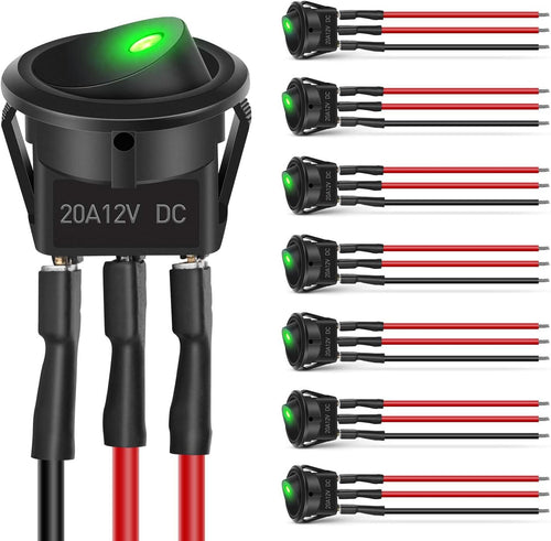 Nilight 8PCS Round Rocker Switches 12V 24V 20A Green LED Toggle swtiches SPST with 16AWG Presoldered Wires 3Pin 2Position for Car Truck Vehicle Boat Marine Rocker On Off Control