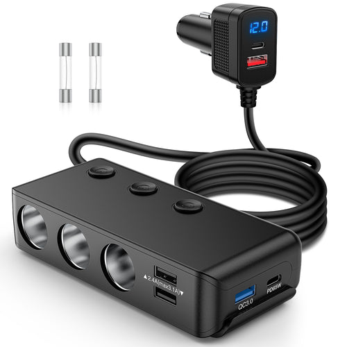 Nilight 9 in 1 Cigarette Lighter Adapter Splitter 3 Sockets PD 65W and QC3.0 18W Ports with Independent Switches LED Voltage Display for 12V 24V Cars SUV Van Truck Jeep